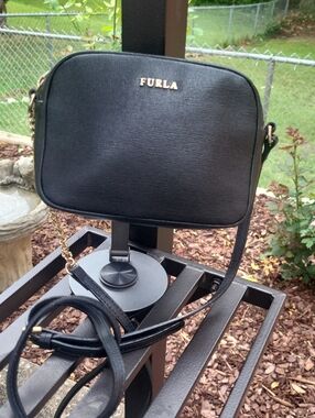 Furla Black Textured Leather Crossbody with Gold Logo